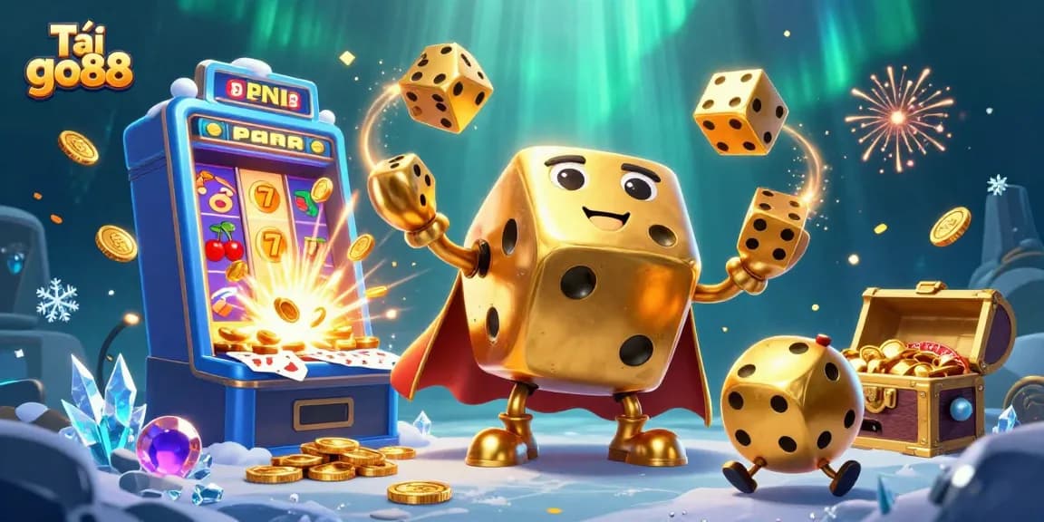 Experience an exciting adventure with Tải go88, featuring a golden dice golem and thrilling casino game elements.