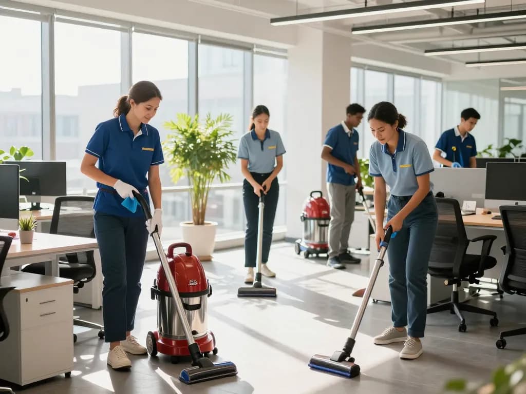 Effiziente Gebäudereinigung in Rheine mit einem professionellen Reinigungsteam, das eine moderne Büroumgebung pflegt.
