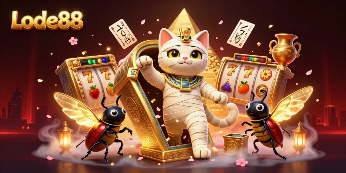 Lode88 offers thrilling casino excitement with a mummy cat, glowing scarab, and interactive elements in a pyramid setting.