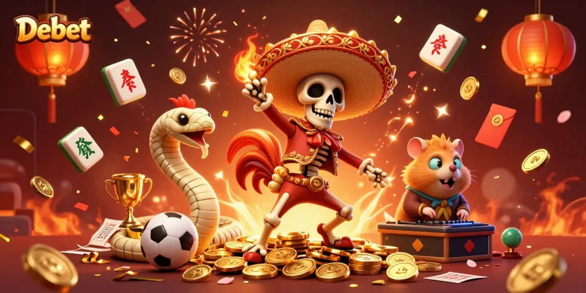 Experience thrilling sports betting action with Debet in vibrant 3D illustration, featuring festive characters.
