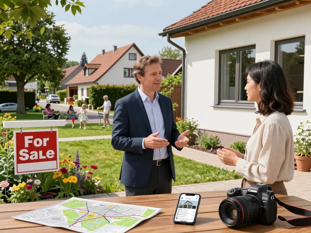 Immobilienmakler Frankfurt Preungesheim zeigt einem Kunden eine Immobilie in einem charmanten Viertel mit moderner Architektur und einem geräumigen Garten.
