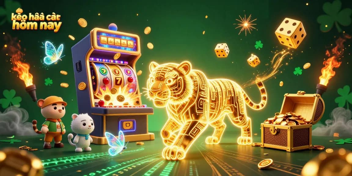 Engage with kèo nhà cái hôm nay in this dynamic casino scene featuring a golden tiger and jackpot elements.