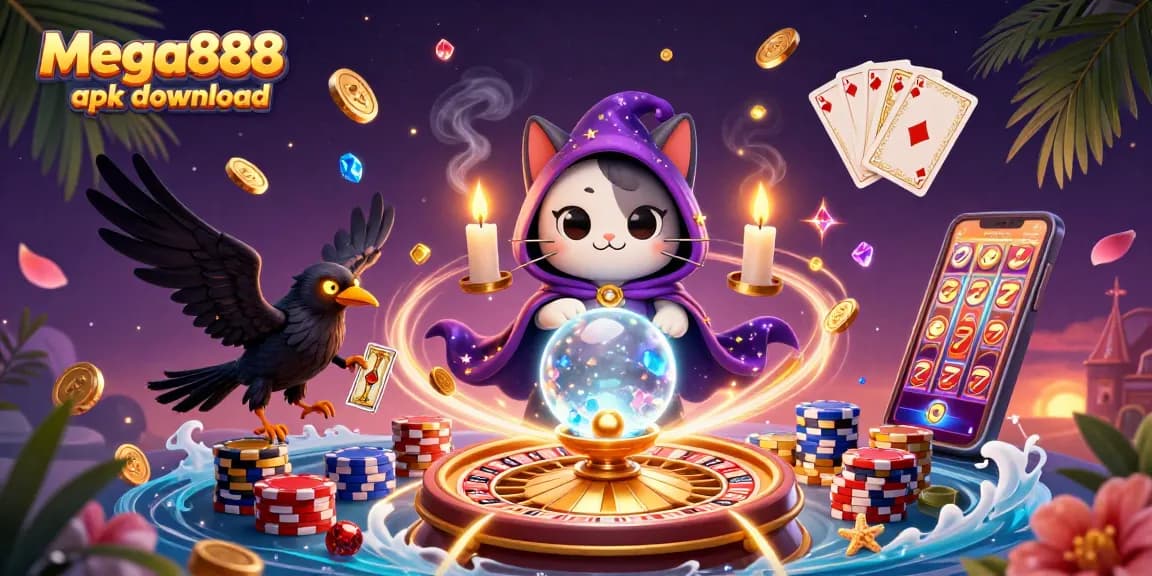 Experience mega888 apk download with exciting gameplay, featuring a mystical cat, raven, and dynamic casino elements.