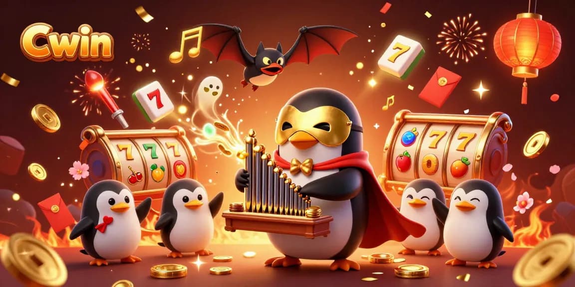 Cwin themed casino illustration featuring a penguin playing an organ, spinning slot reels, and festive elements.