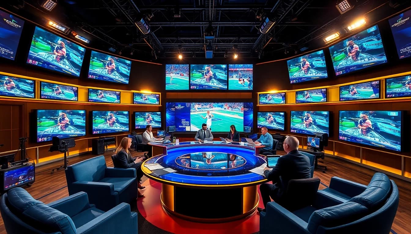 Dynamic studio scene showcasing sports broadcasting with enthusiastic hosts and engaging visuals.