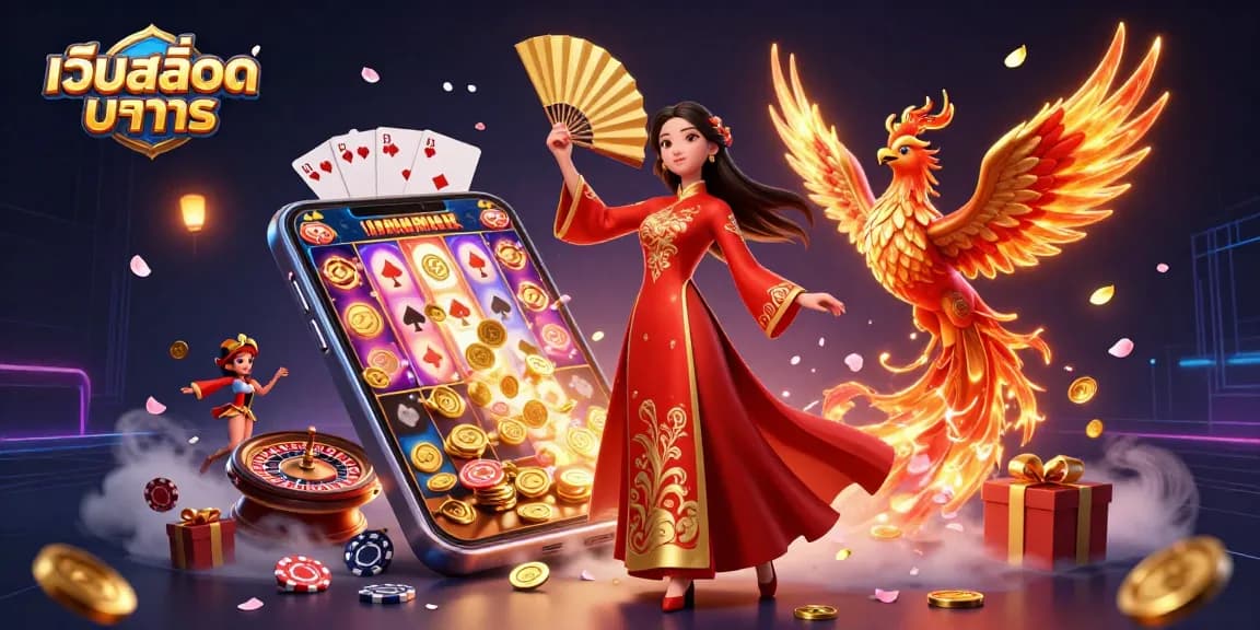 Experience thrilling เว็บสล็อตทดลอง action with a beautiful woman, phoenix, and vibrant casino elements.