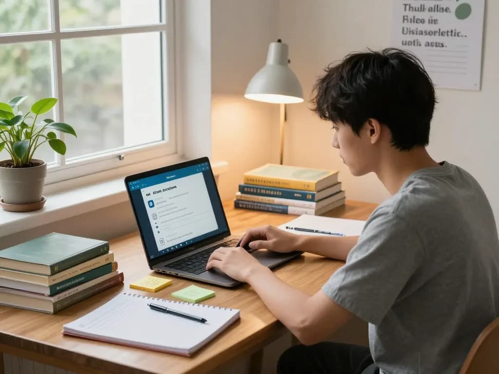Student nutzt ein Hausaufgaben KI kostenlos Tool auf einem Laptop in einem gemütlichen Arbeitszimmer mit Lehrmaterialien.