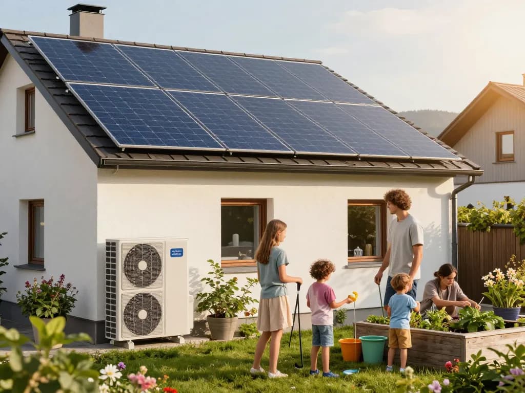 Szene mit Photovoltaik Bayern, Solarpanelen und Wärmepumpe in einem bayerischen Zuhause, das nachhaltiges Familienleben zeigt.