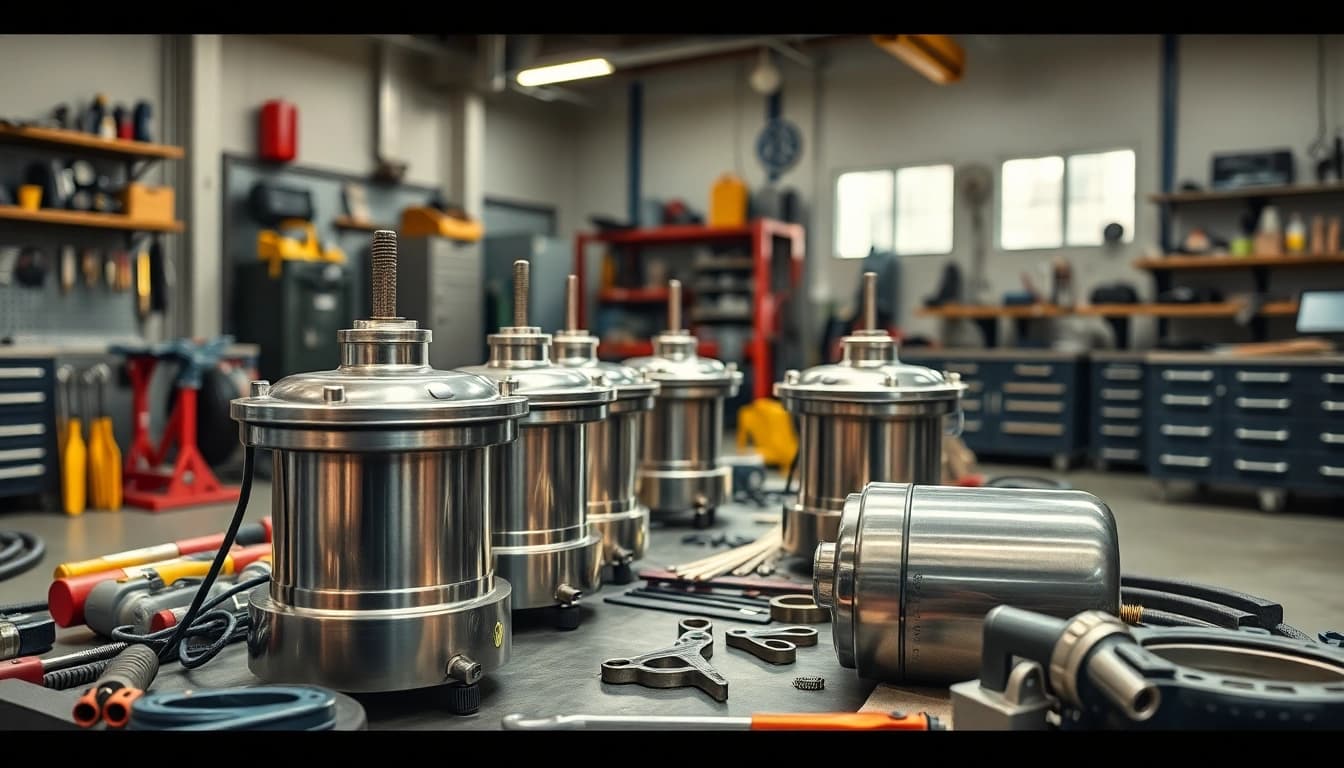 Auto Kufen im Vordergrund eines gut beleuchteten Werkstatt, umgeben von Werkzeuginstrumenten.