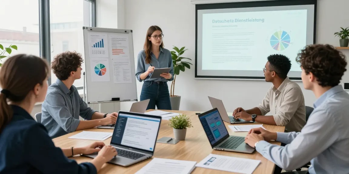 Team discussing Datenschutz Dienstleistung during a strategic meeting for data protection at a modern office.