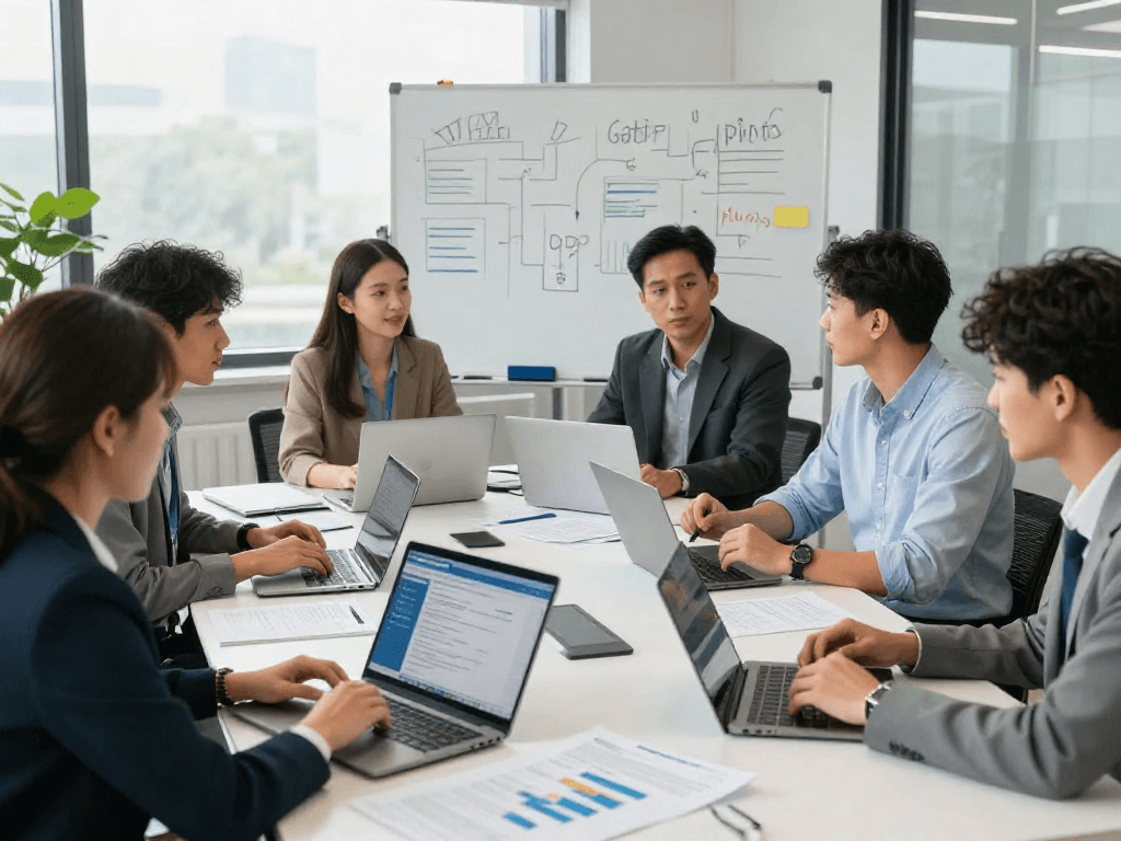 Professionelles Meeting zur Datenschutz Dienstleistung mit Teamdiskussion über GDPR-Compliance.