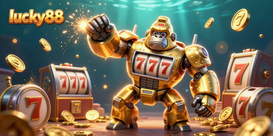 Experience thrilling gameplay with lucky88 in this vibrant 3D slot machine-themed illustration.