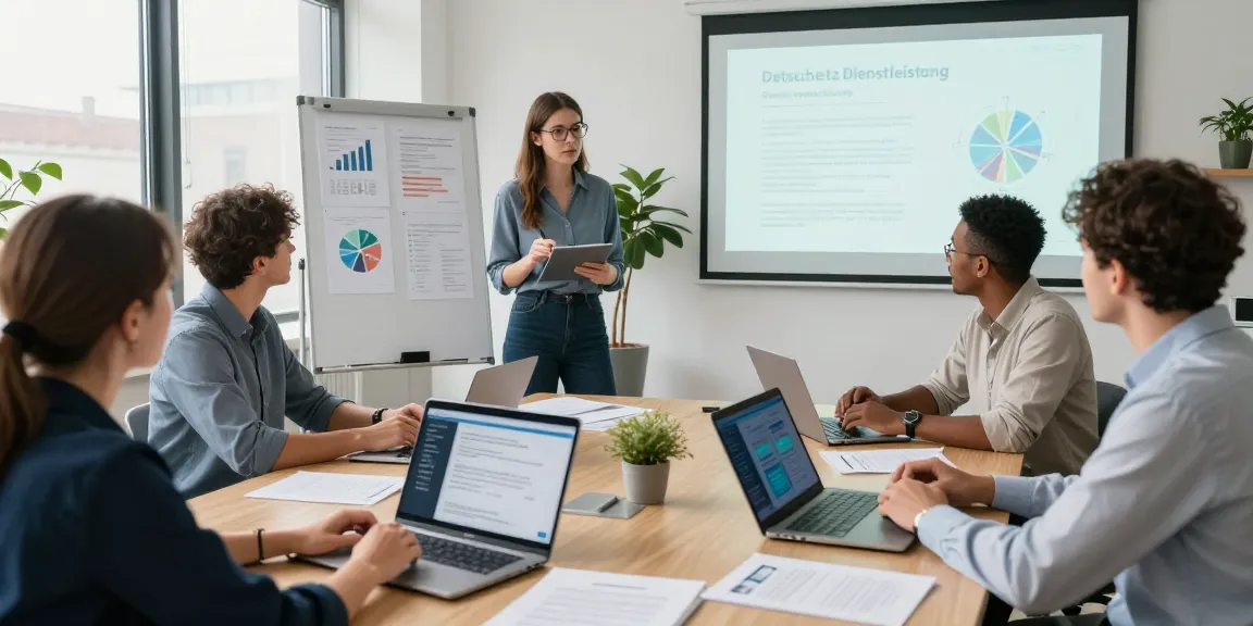 Team discussing Datenschutz Dienstleistung during a strategic meeting for data protection at a modern office.