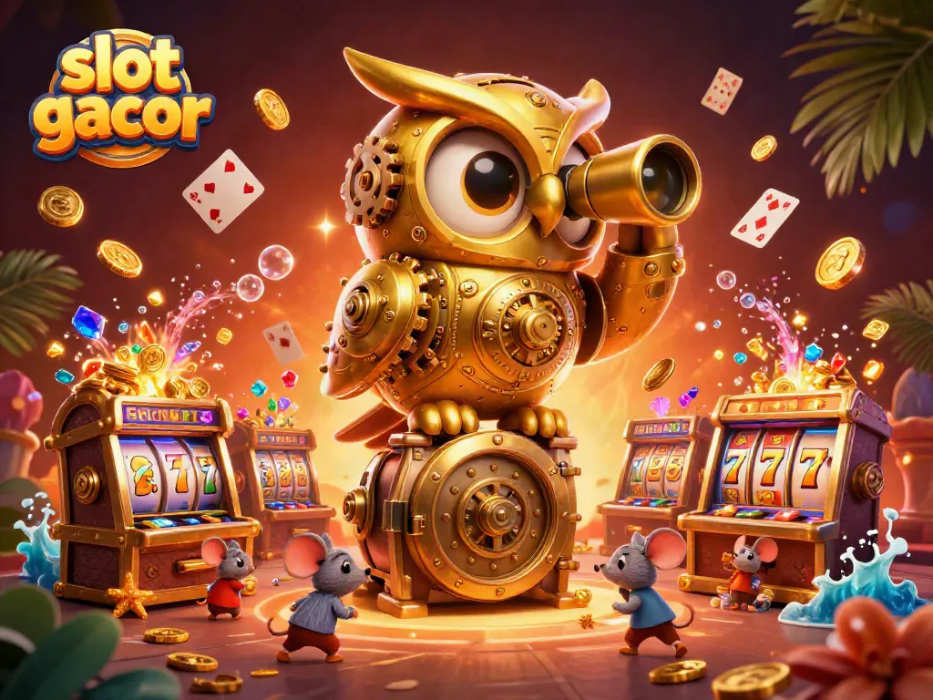 Spin to win with slot gacor featuring a golden owl and vibrant casino elements.