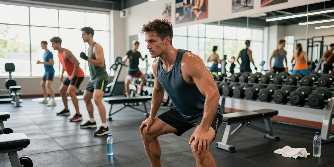 Fokussierter Sportler hebt Gewichte in einem dynamischen städtischen Fitnessstudio, das die Fitness-Ethik von Anabolika Shop repräsentiert.