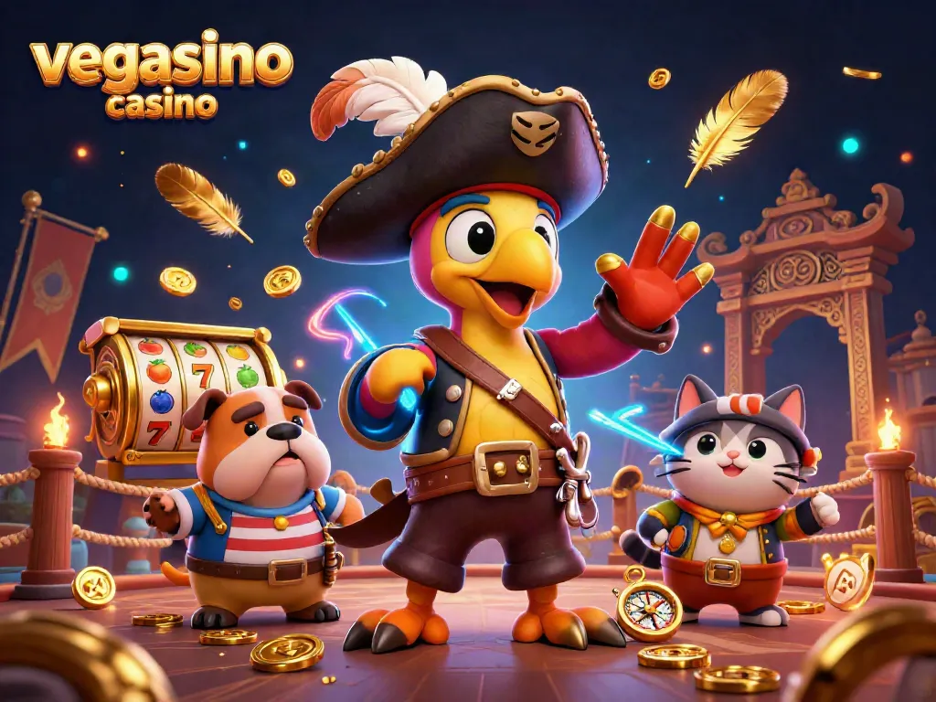Experience the excitement of vegasino casino with animated characters in a vibrant gaming scene, filled with slot reels and gold.