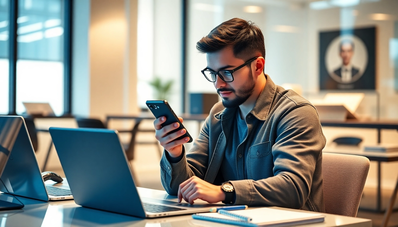 Tech enthusiast exploring features of the S8 in a modern office.