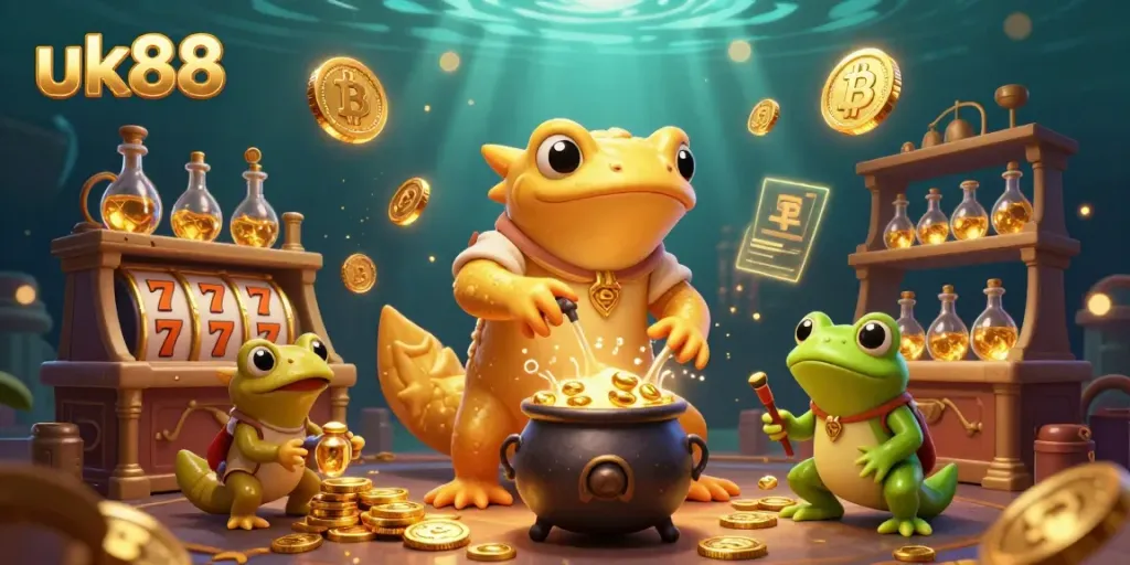 Experience the magic of winning with uk88 as a giant salamander alchemist turns base metals into gold coins surrounded by vibrant casino elements.