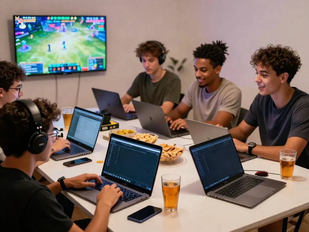 Players enjoying ROKOK88 gaming session with multiple devices and vibrant atmosphere.