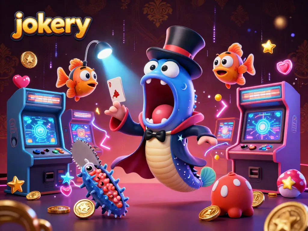 Experience the thrilling magic of jokery in a vibrant casino scene with dazzling characters and spinning prizes.
