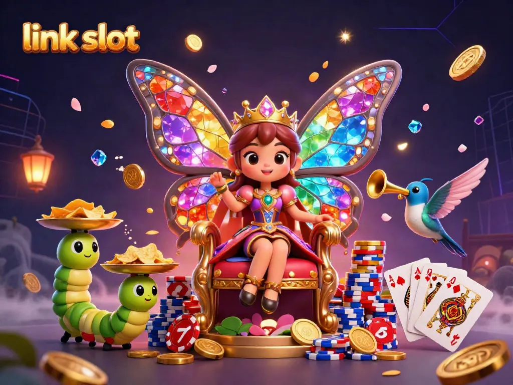 Experience excitement with link slot as golden coins and colorful slot reels create a thrilling casino atmosphere.