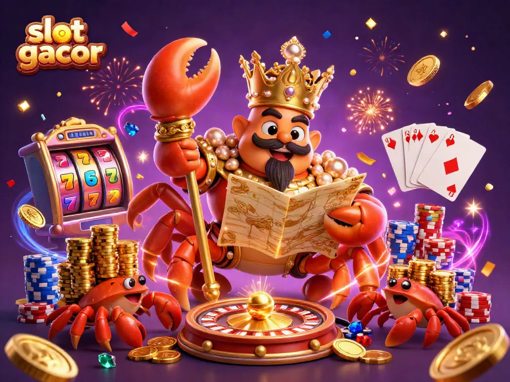 Unleash winning strategies in slot gacor with a golden crab emperor amidst celebratory casino elements