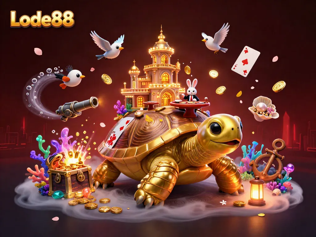 Experience Lode88's exciting casino world with a golden tortoise and rabbit dealer in action.