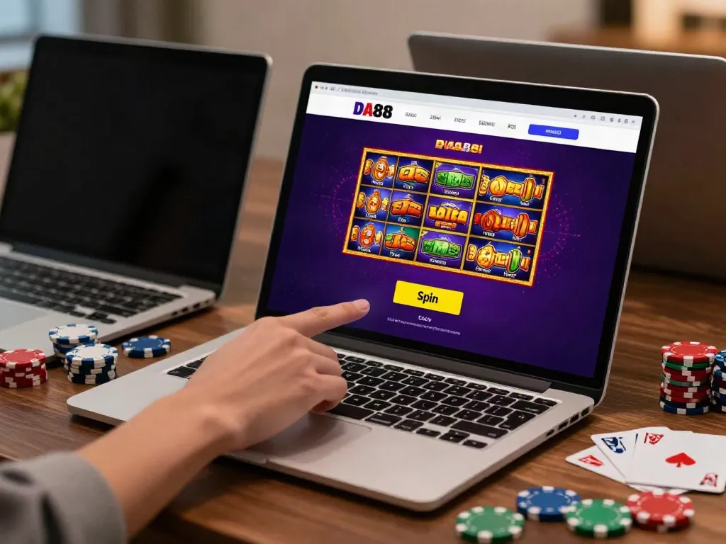 User engaging with the DA88 platform on a laptop, surrounded by gaming accessories in a cozy setup.