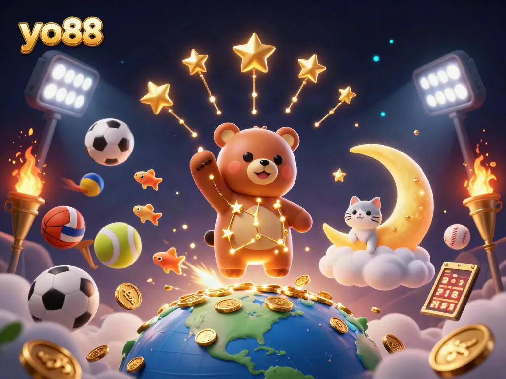 yo88 showcases an exciting scene of a constellation bear collecting coins amidst vibrant sports elements and dazzling characters.