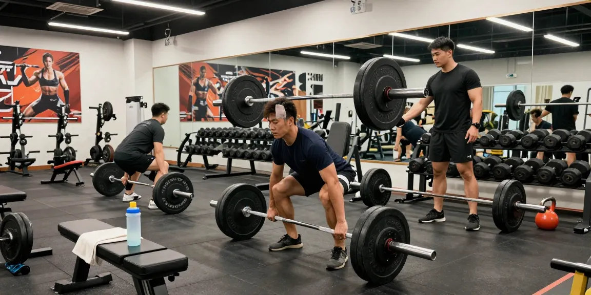 Medi Pharma Steroid Shop: Sportler trainiert im Fitnessstudio mit Gewichten und motivierenden Hintergrundelementen.