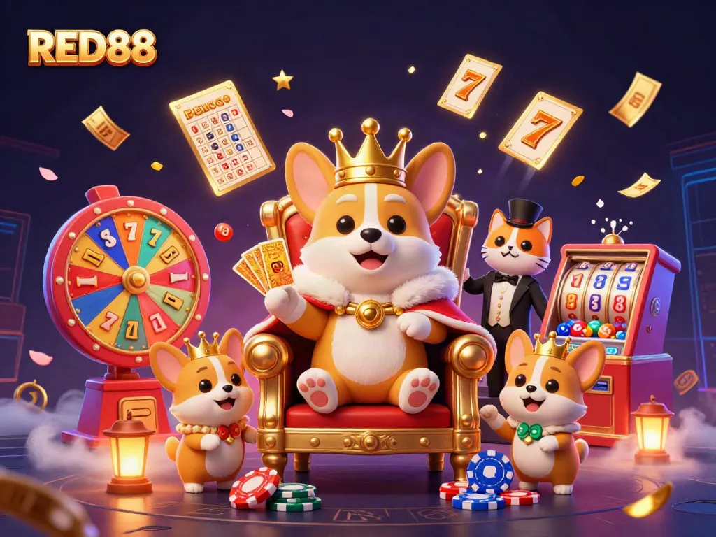 Experience thrilling gameplay at RED88 with a dynamic scene featuring a royal corgi and colorful slot reels.
