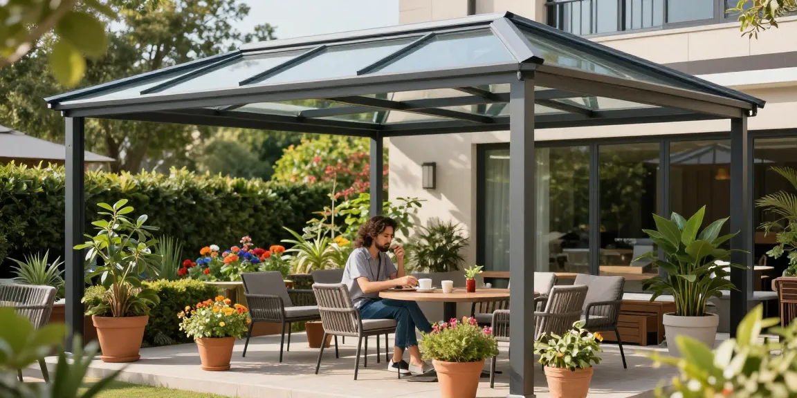 Stilvolle Terrassenüberdachung mit Glasdach, Pflanzen und entspannter Atmosphäre