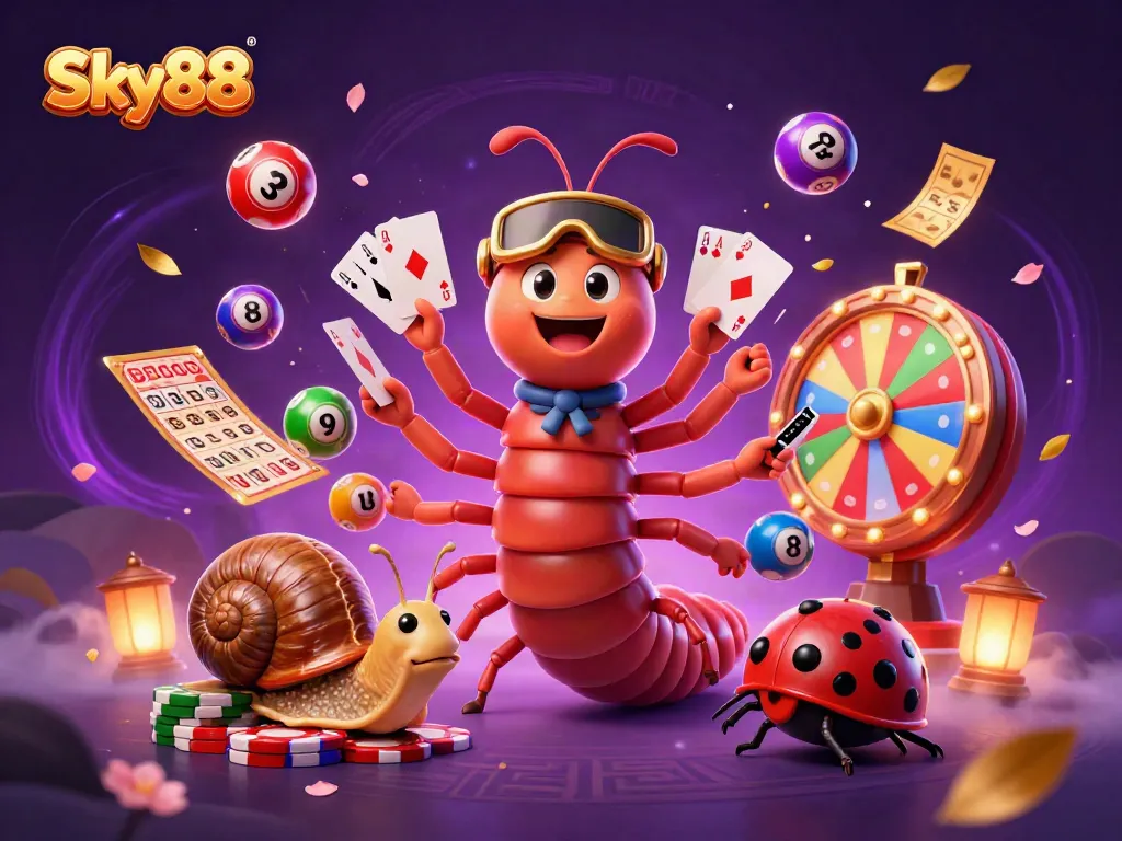 Sky88 casino theme illustration showcasing vibrant lottery elements and a dynamic dealer scene