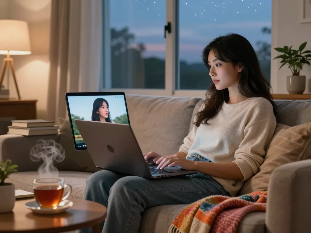 Engaging with a girlfriend AI on a laptop in a cozy living room atmosphere.