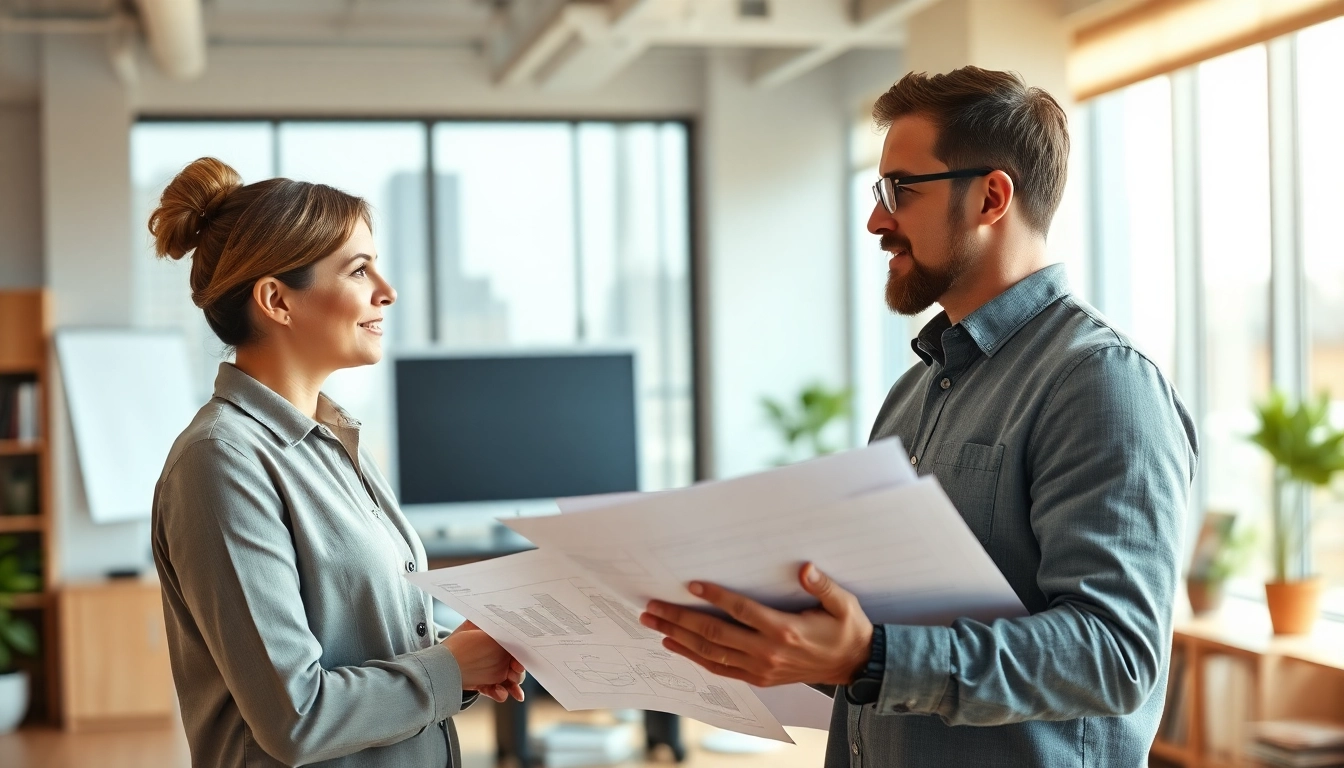 Headhunter Ingenieure im Gespräch mit einem Ingenieur, der technische Pläne präsentiert.