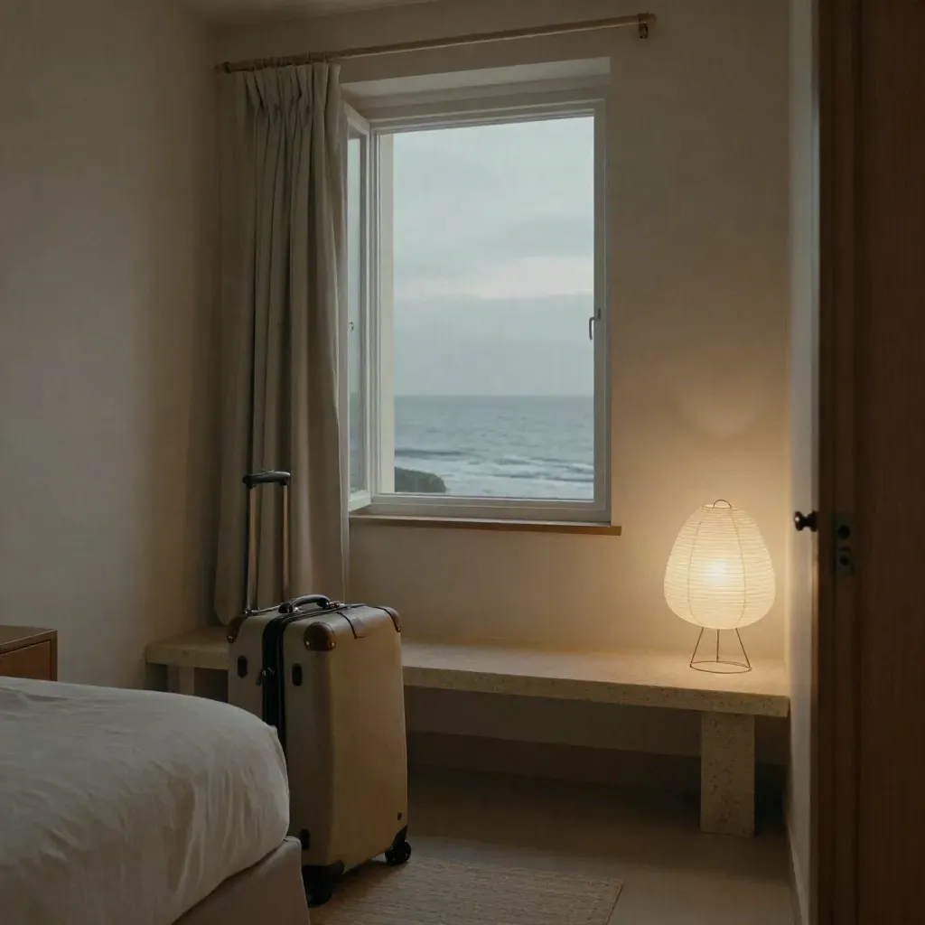 Minimalistisches Hotelzimmer am Meer mit Koffer, Kalksteinbank und Papierlampe im Morgenlicht.
