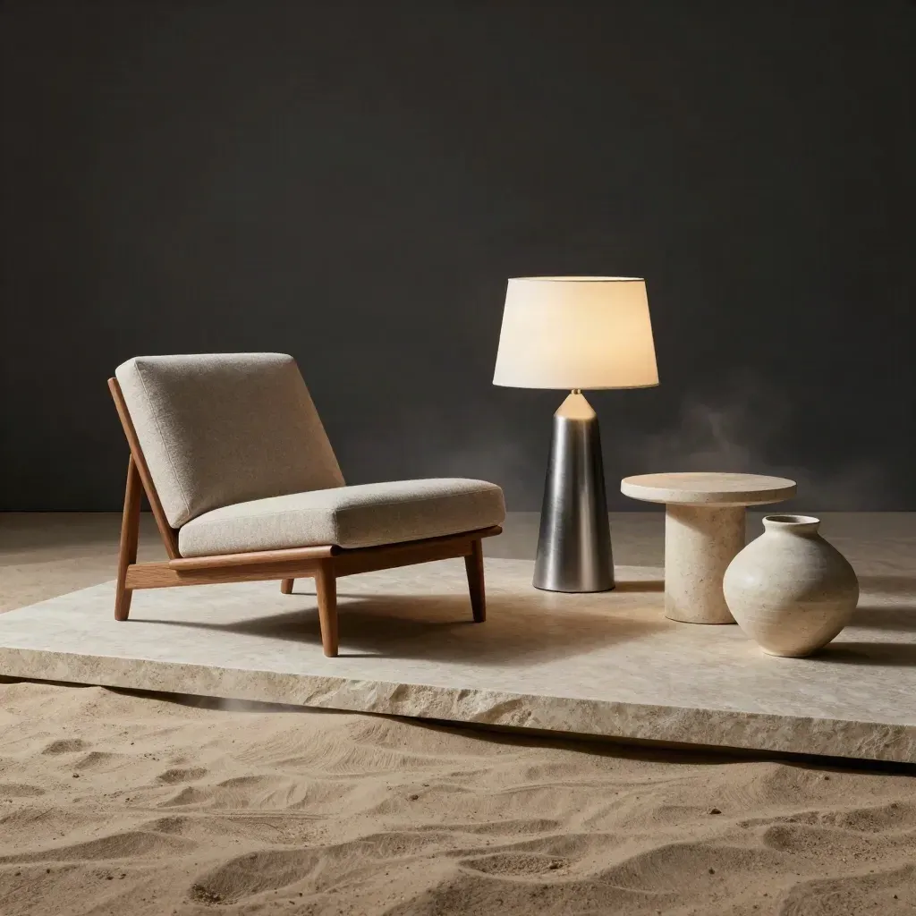 Niedrige Designmöbel, Lampe und Keramik auf Stein, mit hartem Seitenschatten und Sandakzent.