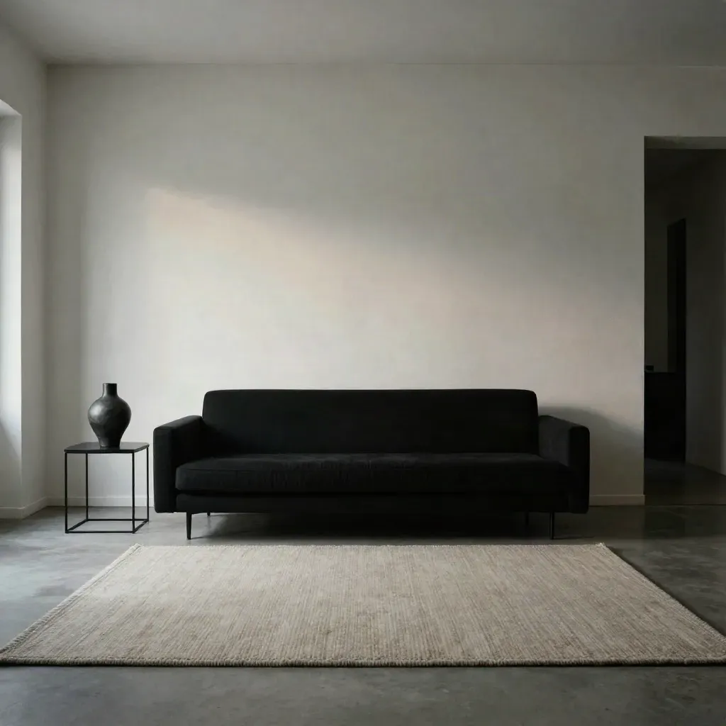 Minimalistischer Raum mit schwarzem Sofa, Wandskulptur und langem Schlagschatten im Abendlicht.
