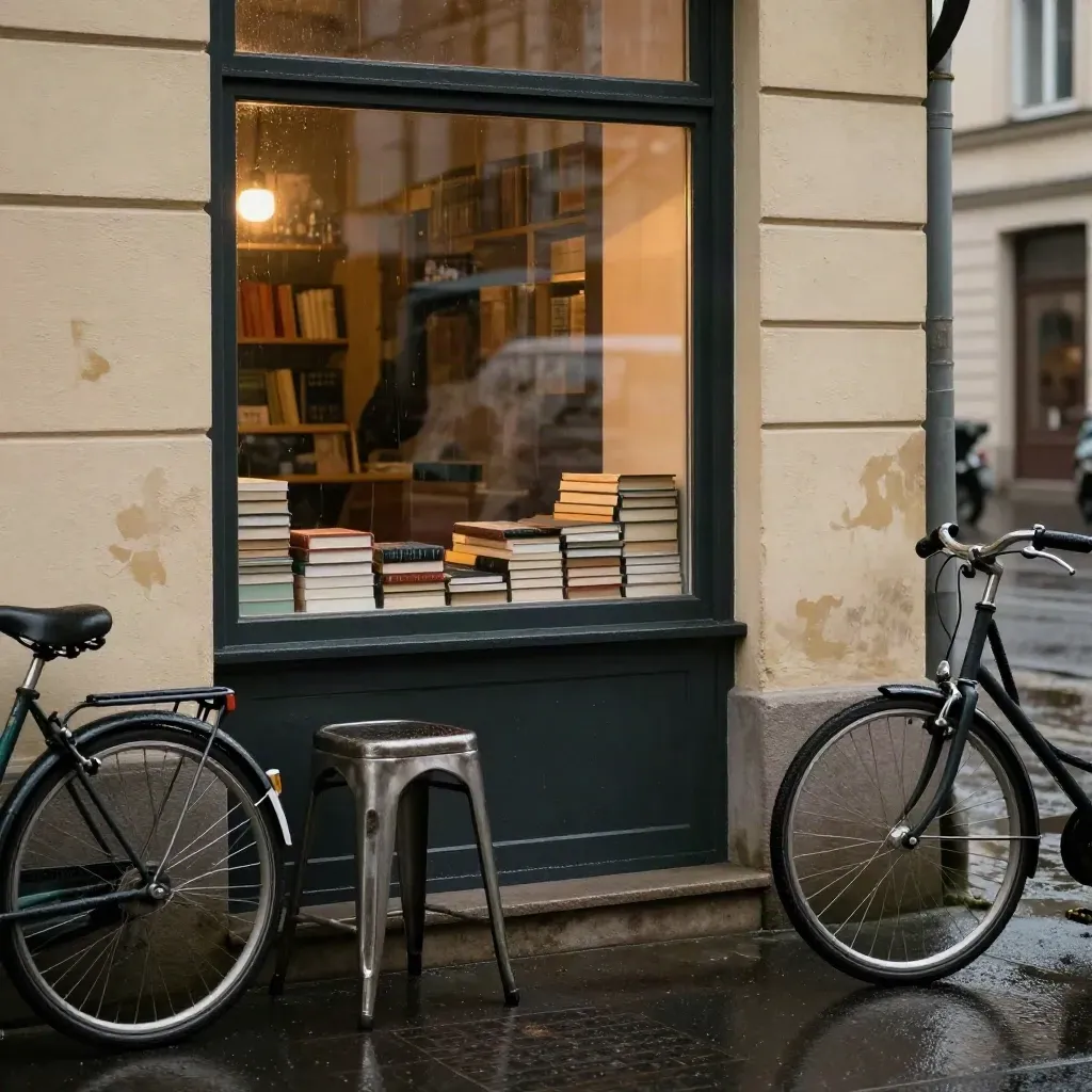 Berliner Buchladen an nasser Fassade, Fahrradrad und Caféhocker spiegeln sich in Pfützen.