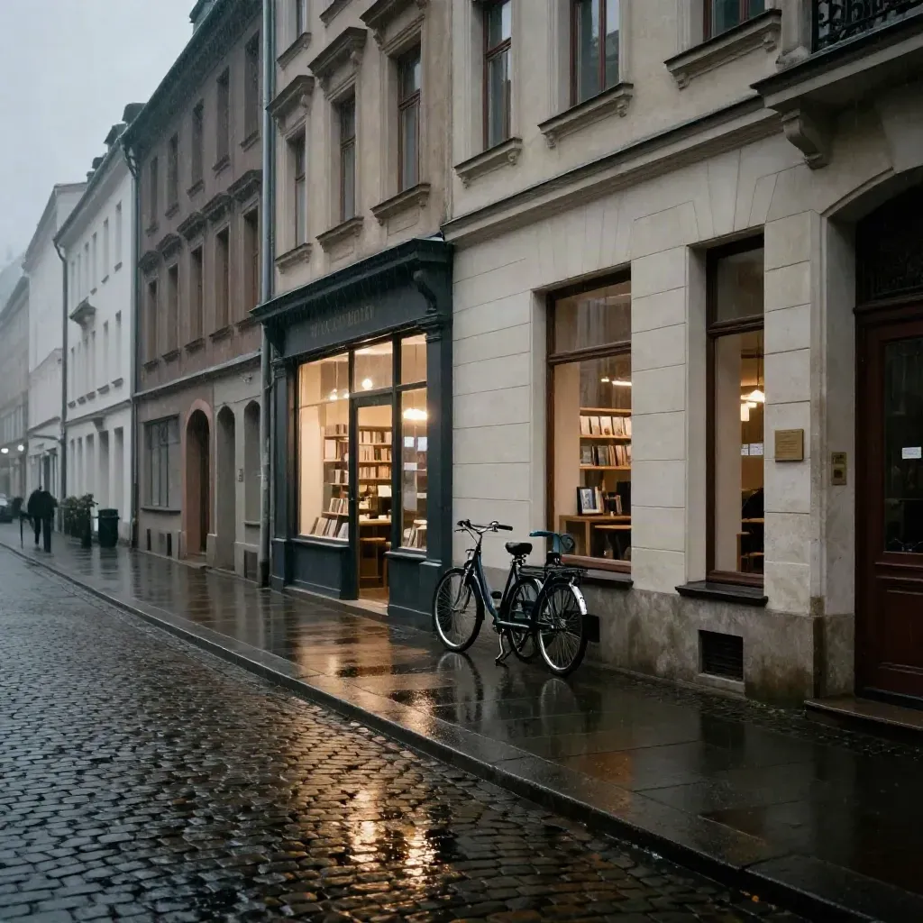 Berliner Seitenstraße mit Buchladen, Caféfenster, nassem Pflaster und Fahrrad im Abendregen