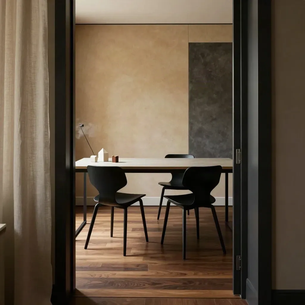 Minimalistisches Büro mit zwei Stühlen, hellem Tisch und Akustikwand im warmen Licht.