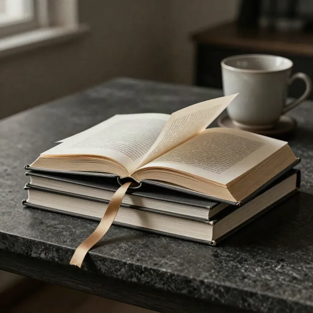 Monochrome Bücherstapel mit halb umgeblätterter Seite und Tasse auf niedrigem Lesetisch.