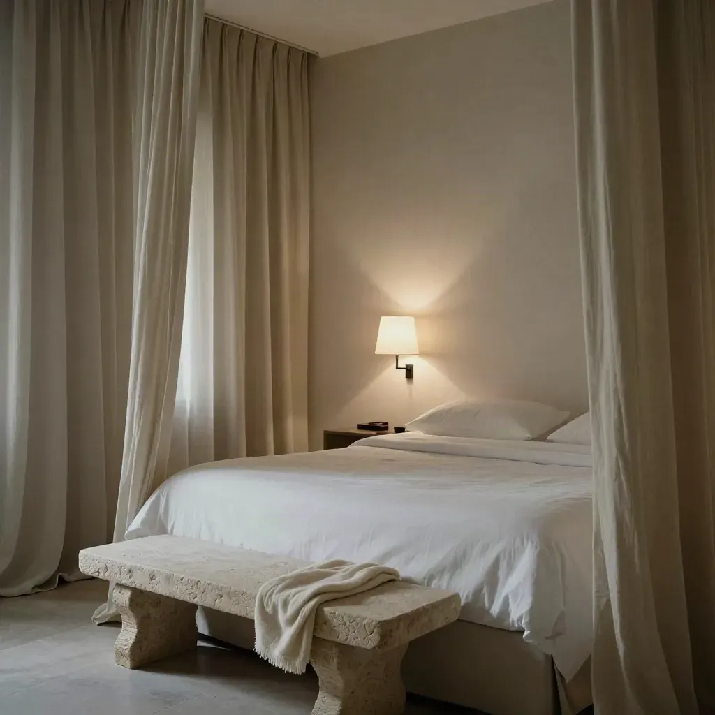 Stillles Hotelzimmer mit niedrigem Bett, Vorhängen, Steinbank und Wandleuchte bei Nacht