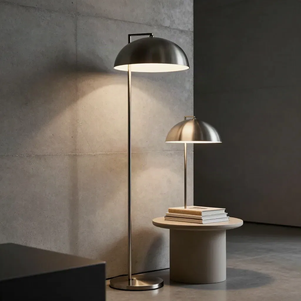 Steh- und Tischlampe aus Metall neben Beistelltisch und Büchern, Lichtlinien an der Wand.
