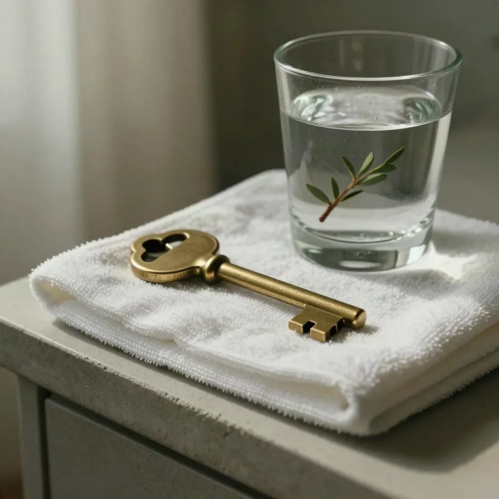 Brassschlüssel auf gefaltetem Handtuch neben Glasbecher und Zweig auf hellem Sims.
