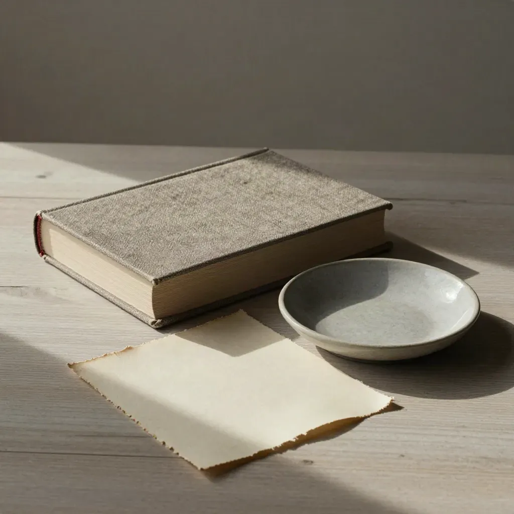 Artbuch, Steinobjekt, Papier und Keramikschale auf hellem Holz.