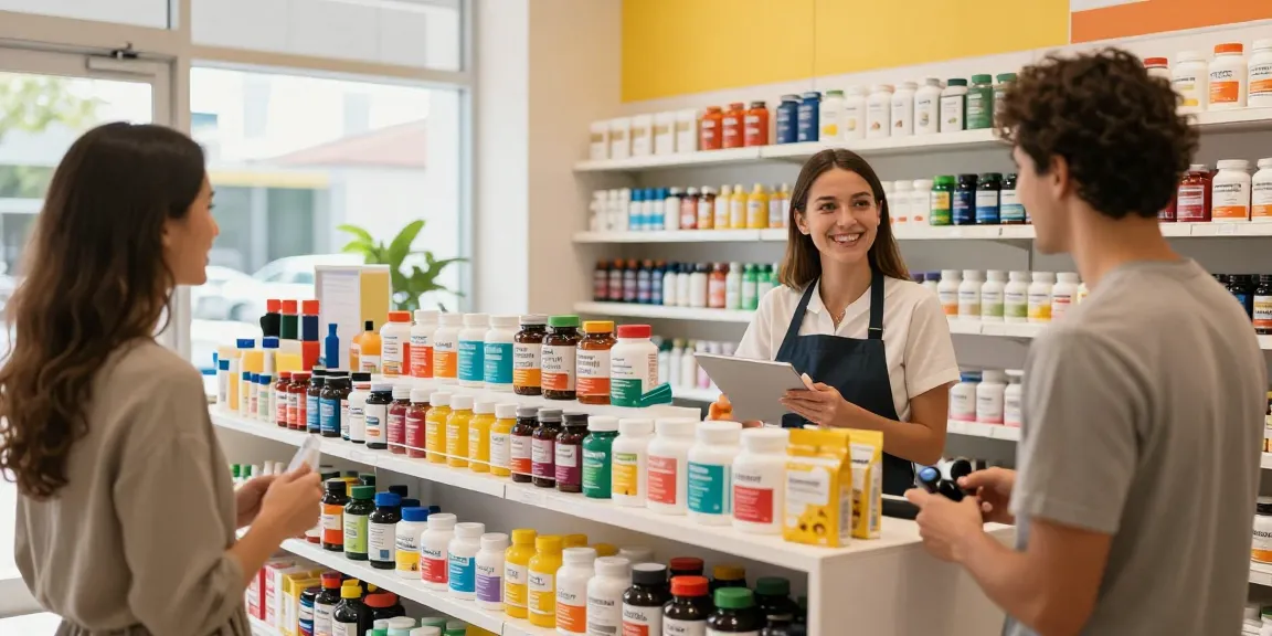 Medi Pharma Shop, der vor Aktivität pulsiert, mit Gesundheits- und Wellnessprodukten und Mitarbeitern, die Kunden in einer lebhaften Einzelhandelsumgebung unterstützen.