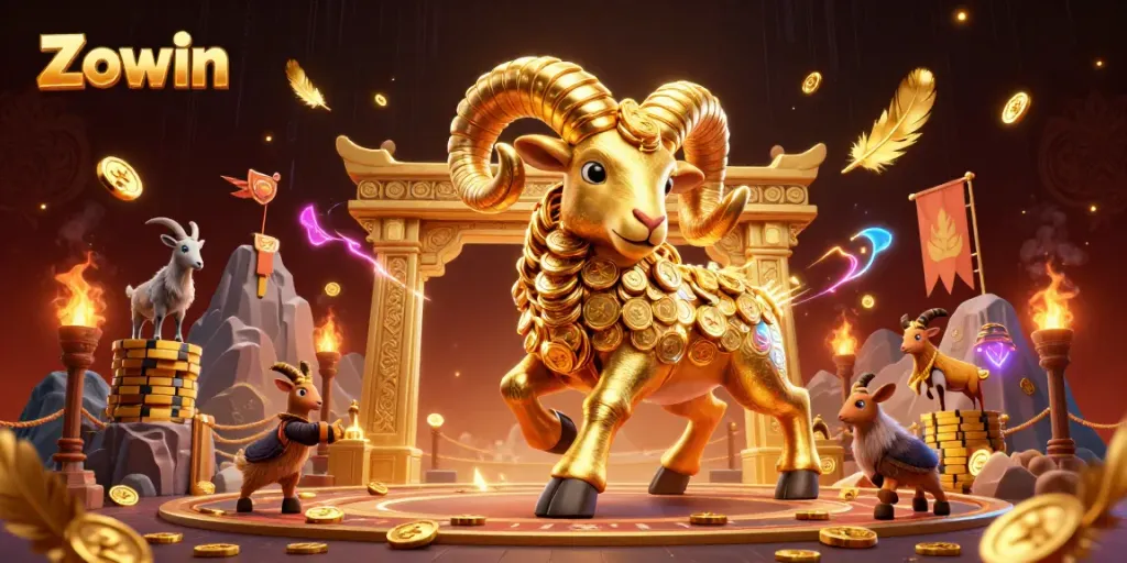 Zowin showcases a vibrant scene with a golden ram charging through a luxurious casino-style fantasy, surrounded by gaming elements.