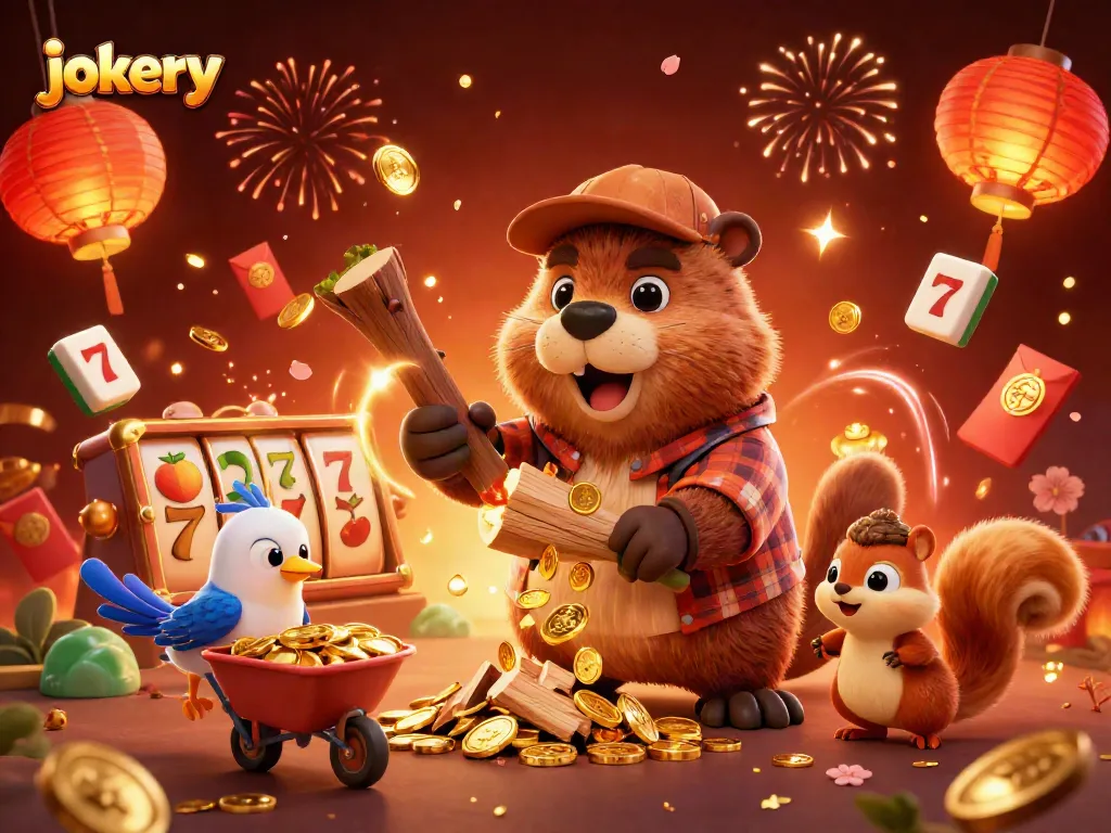 Experience the thrill at jokery casino with beaver characters collecting gold coins amidst vibrant gaming elements.