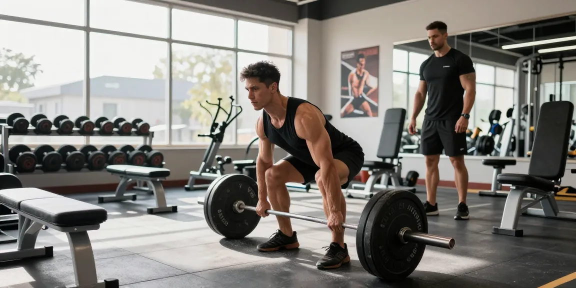 Bodybuilder im Anabolika Shop Deutschland, der Kreuzheben in einer lebendigen Fitnessumgebung ausführt.